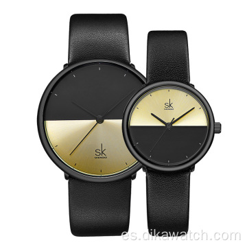 Relojes de pareja de moda de marca superior SK para hombres y mujeres, reloj de cuarzo de lujo minimalista con correa de cuero, reloj de pulsera informal para pareja